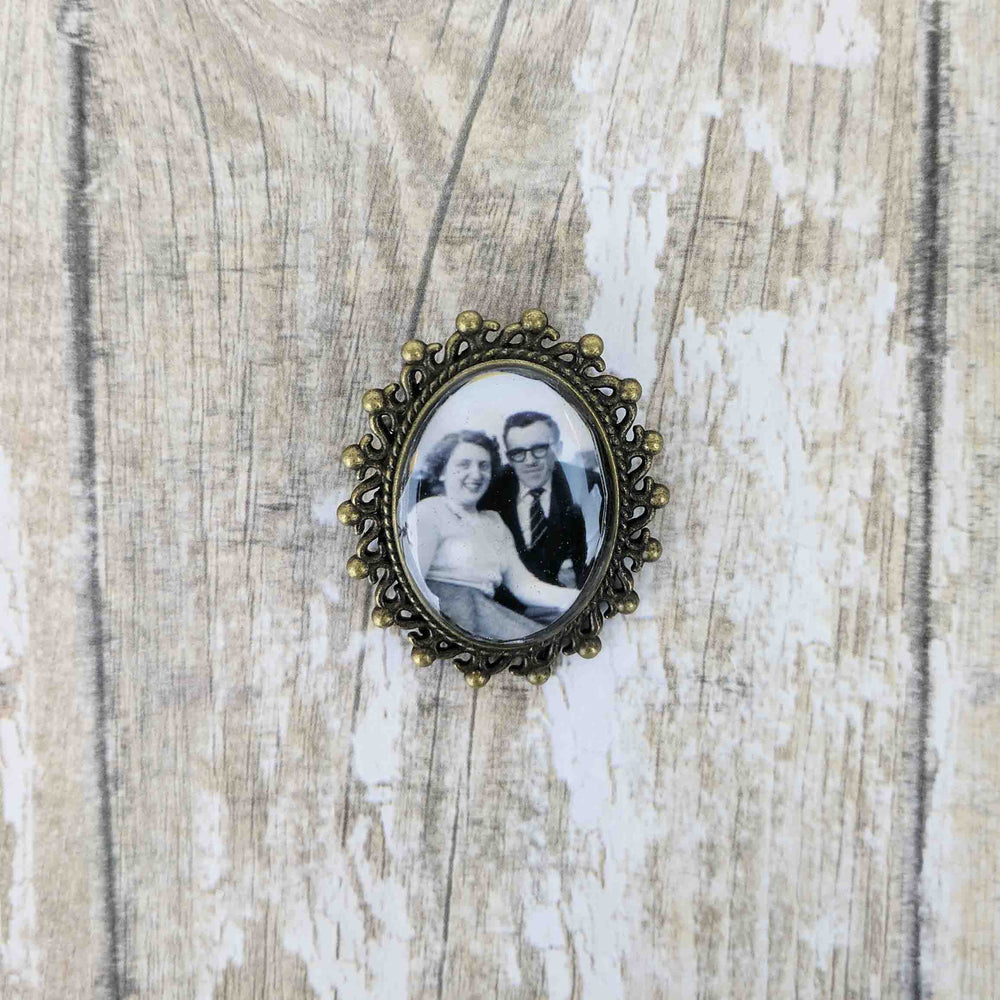 Custom Picture Brooch with a old black and white photo of couple