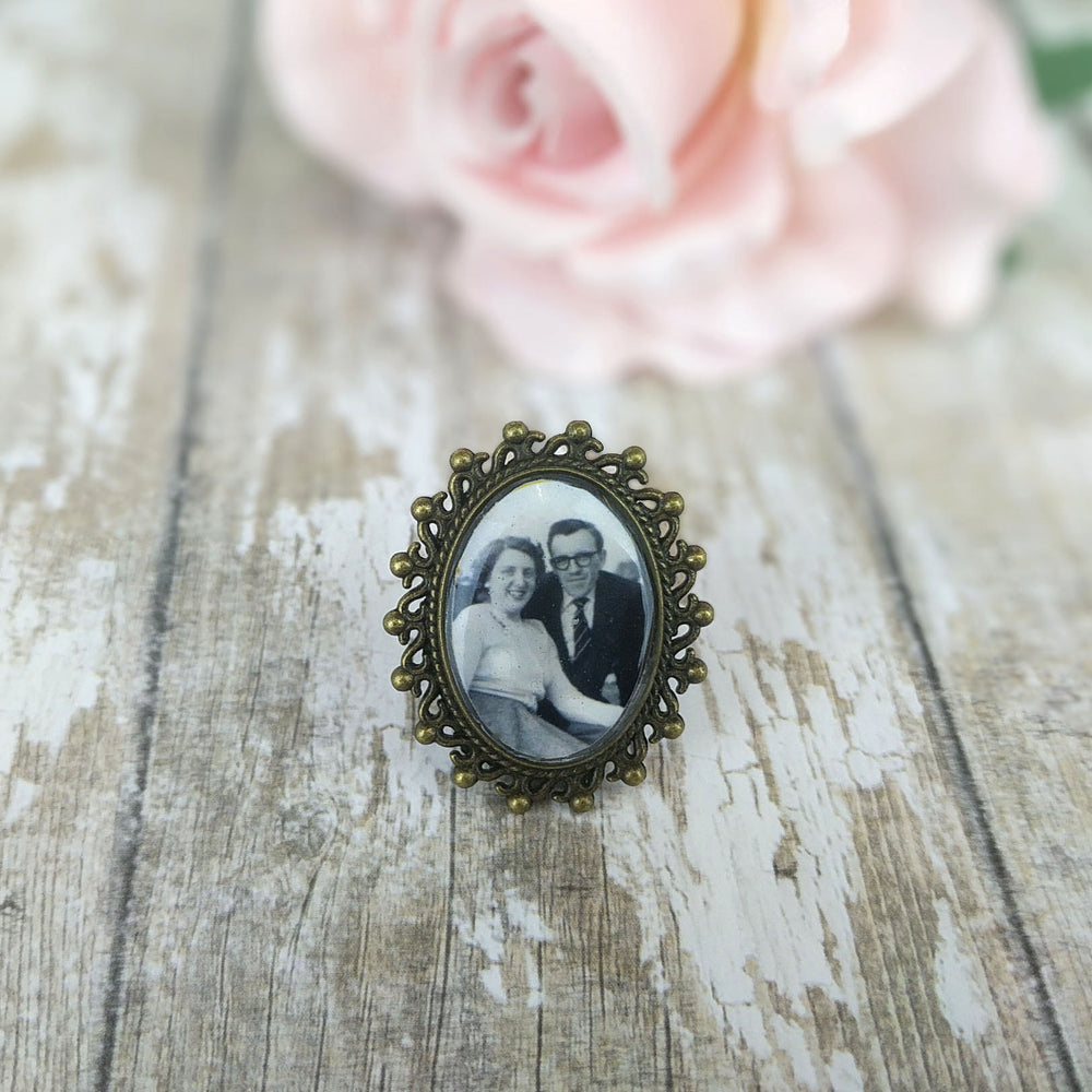 Custom Picture Brooch with a old black and white photo of couple